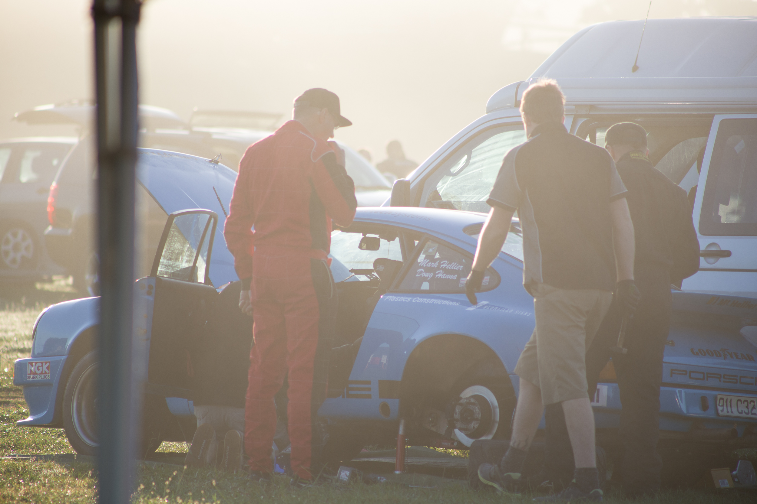 Drivers celebrating after a rally stage